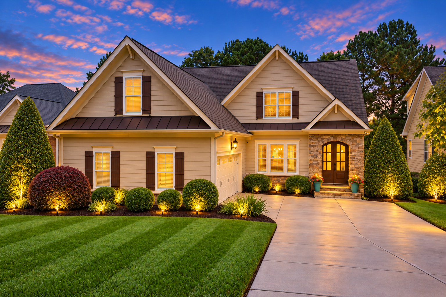 Striped lawn, sharp bed edges, neatly trimmed shrubs and warm landscape lighting at dusk